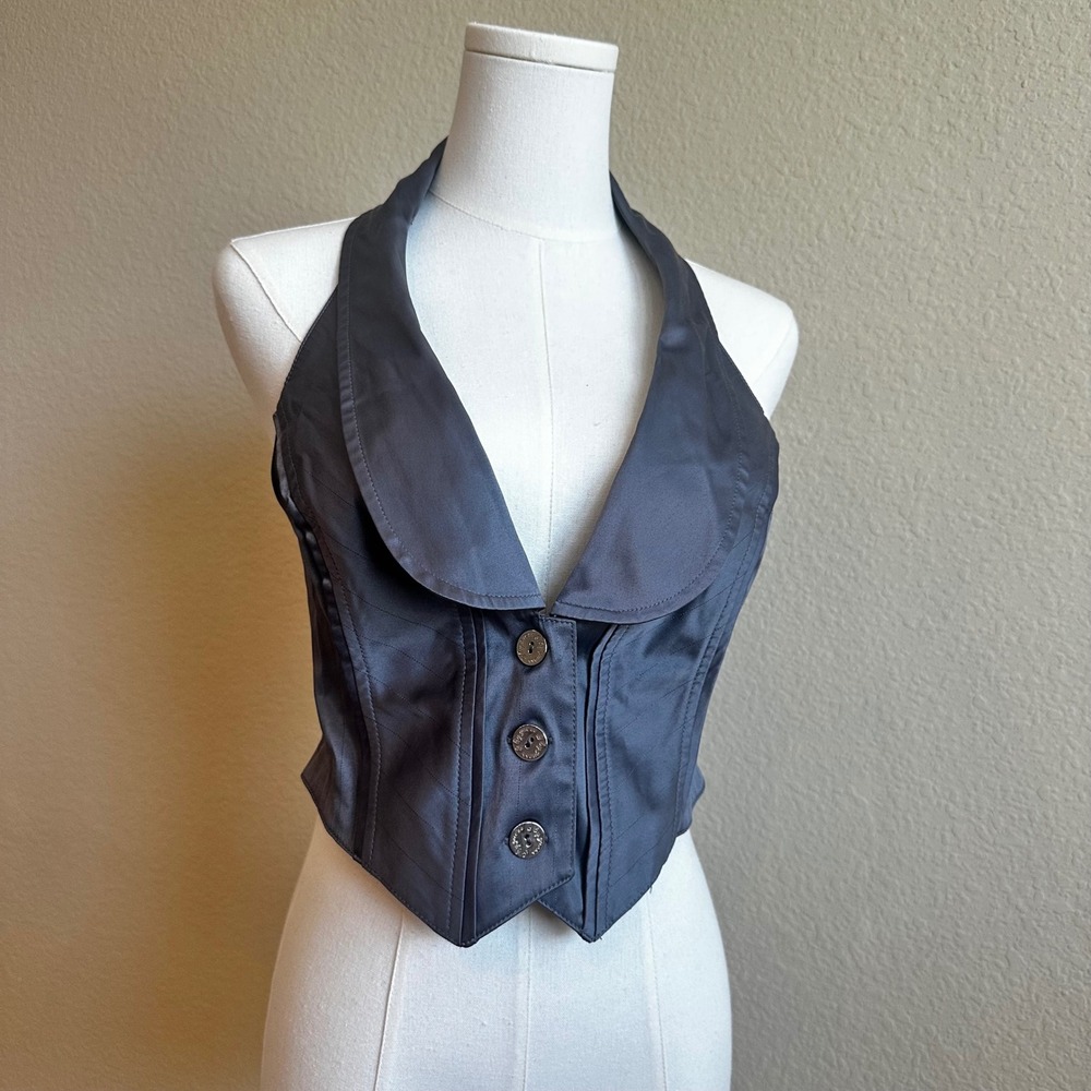 Y2K G by Guess Womens Halter Vest Gray Satin Corset Back Pinstripe Waistcoat S